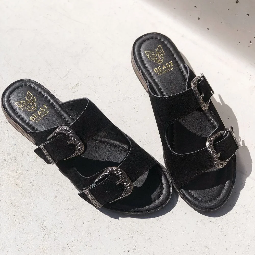 NEW Black Faux Suede Western Metal Buckled Straps Slides Slip On Sandals Shoes - Picture 5 of 12